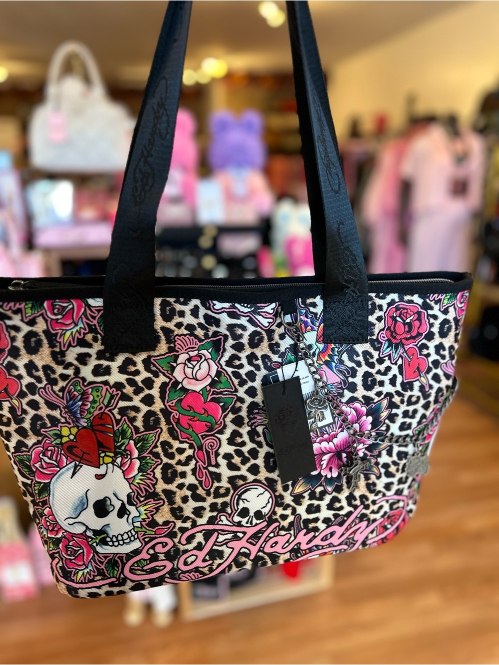 Ed Hardy Leopard Print Pink Skull Tote Bag